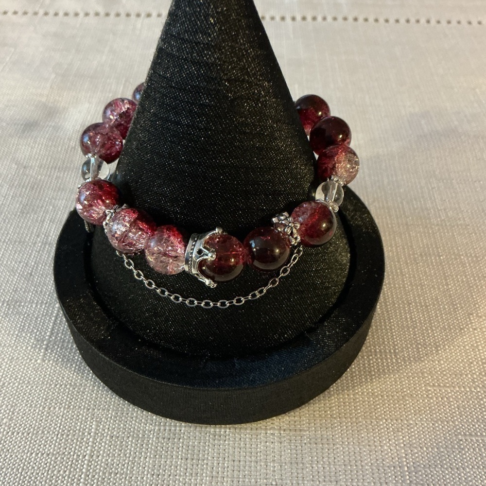 Dark Red Glass Silver Tone Bracelet